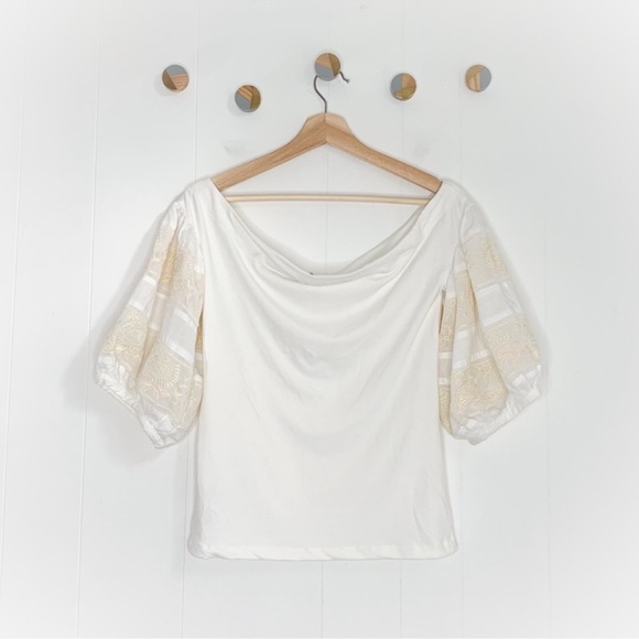 Free People Cream Blouse with Lace Puff Sleeves - Picture 4 of 4